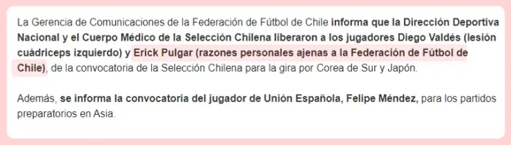 La selección chilena hizo oficial la decisión de Erick Pulgar de no asistir a la gira por Corea del Sur y Japón