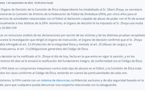El comunicado de la FIFA sobre el caso de acoso sexual en Zimbabue. (Captura)