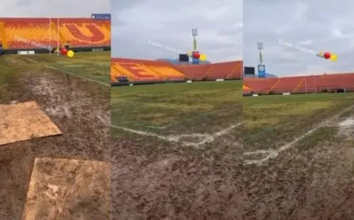 Así estaba la cancha del estadio Santa Laura el día del partido entre Unión Española y Universidad Católica. Esto obligó a suspenderlo y reagendarlo para octubre. Foto: Twitter.