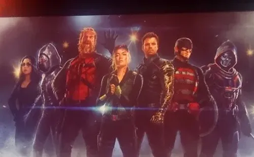 En orden: Valentina Alegra de Fontaine, Ghost, Red Guardian, Yelena Belova, Sebastian Stan, U.S. Agent y Taskmaster.