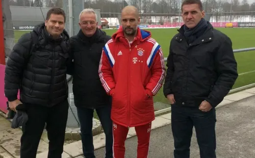 Dorival Júnior junto a Pep Guardiola en la visita al Bayern Múnich en 2015. Foto: GloboEsporte.