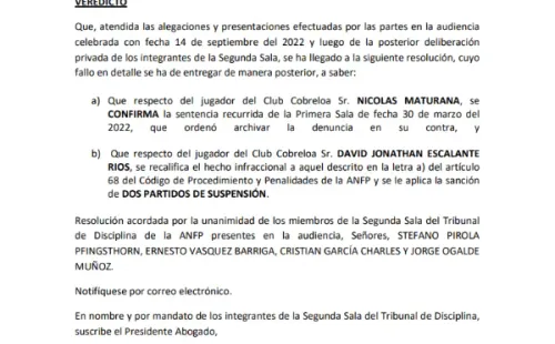 El fallo de la Segunda Sala con respecto a David Escalante y Nicolás Maturana, dos jugadores de Cobreloa.