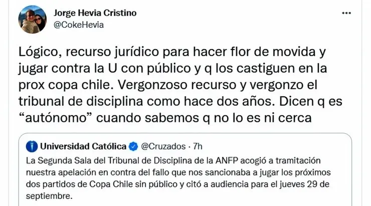 Coke Hevia apuntó directamente al Tribunal de Disciplina tras la postergación del castigo contra la UC