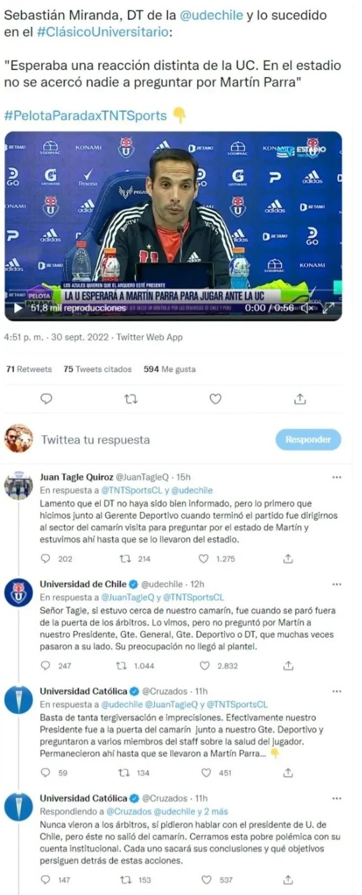 El diálogo vía Twitter entre el presidente de la UC y las cuentas oficiales de la U y Cruzados