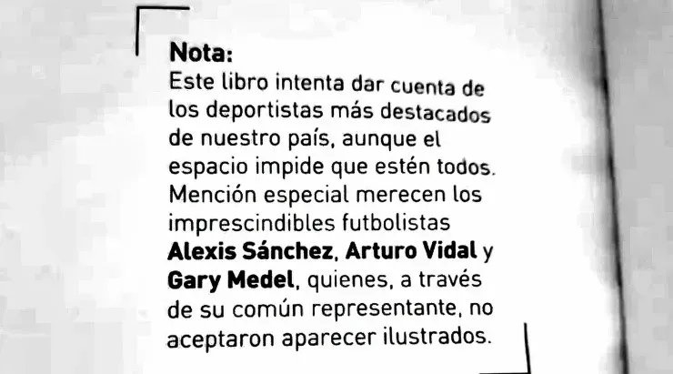 La reseña que aparece dentro del libro para justificar la omisión de Alexis Sánchez, Arturo Vidal y Gary Medel