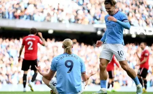 Erling Haaland y su celebración característica también apareció en el Derbi de Manchester. (Getty Images).