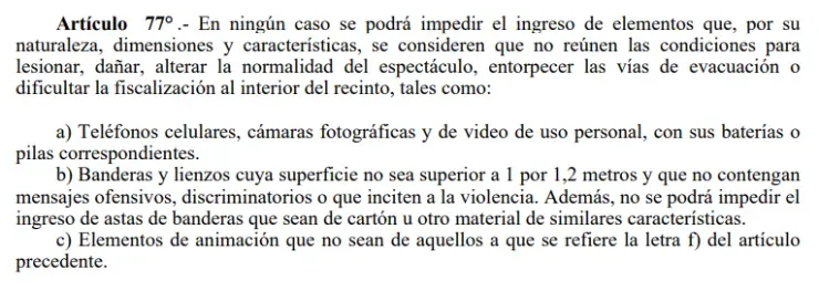 El artículo 77 de Ley contra Violencia en los Estadios