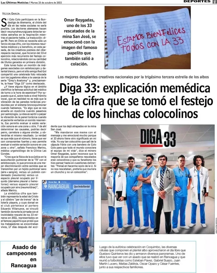 Lindo reconocimiento: LUN explica el sentido de la gráfica que enmarcó el especial de Colo Colo campeón en Redgol, “Diga 33”.