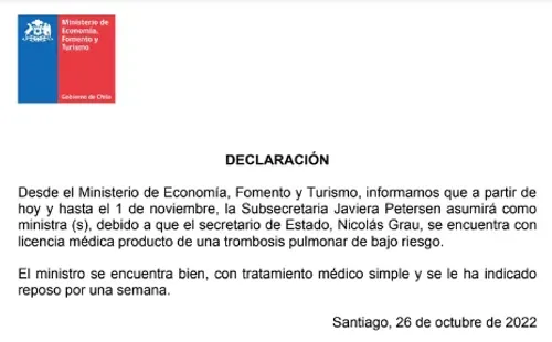 Comunicado Ministerio de Economía, Fomento y Turismo