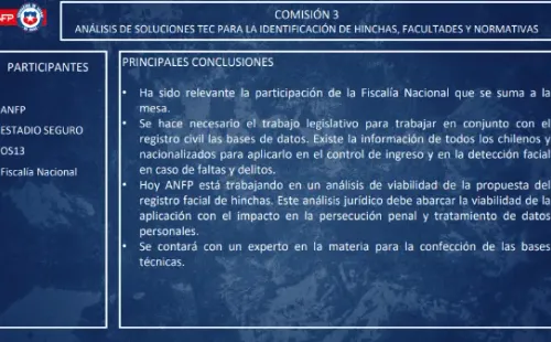 Algunas de las diapositivas presentadas por la ANFP ante el Congreso con la idea de implementar el reconocimiento facial en los estadios, entre otras medidas de seguridad para combatir la violencia.