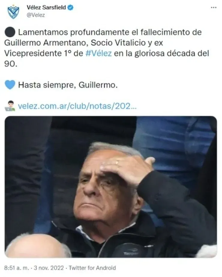 Vélez Sarfield lamentó la muerte del reconocido dirigente