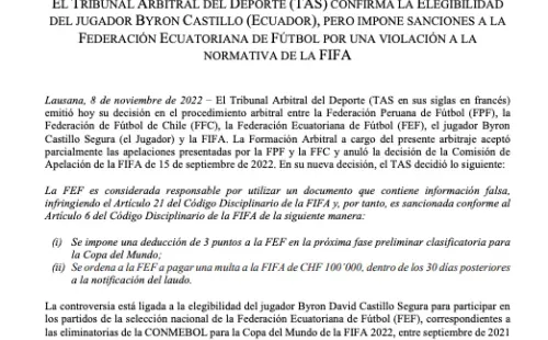 TAS explica el fallo contra Ecuador y Byron Castillo.