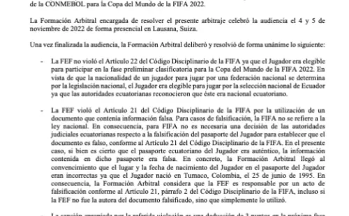 TAS explica el fallo contra Ecuador y Byron Castillo.