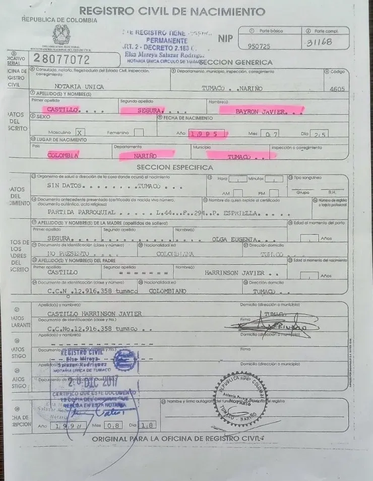 Este certificado de nacimiento de origen colombiano instaló la duda sobre el real origen de Byron Castillo