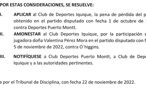 La sentencia del fallo del Tribunal de Disciplina contra Iquique. (ANFP).