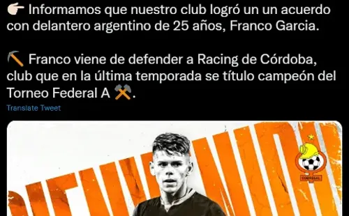 Así oficializó Cobresal el principio de acuerdo con el argentino Franco García. (Captura).