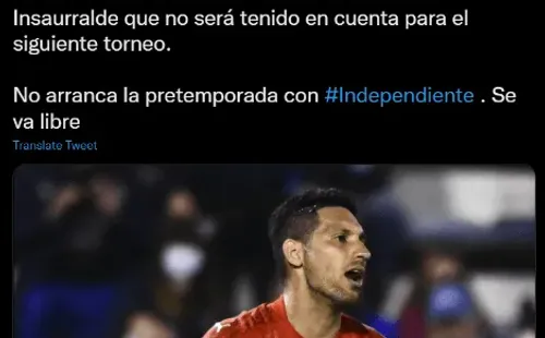 El Chaco Insaurralde debe buscar club si quiere seguir activo. No continuará en Independiente. (Captura Twitter).