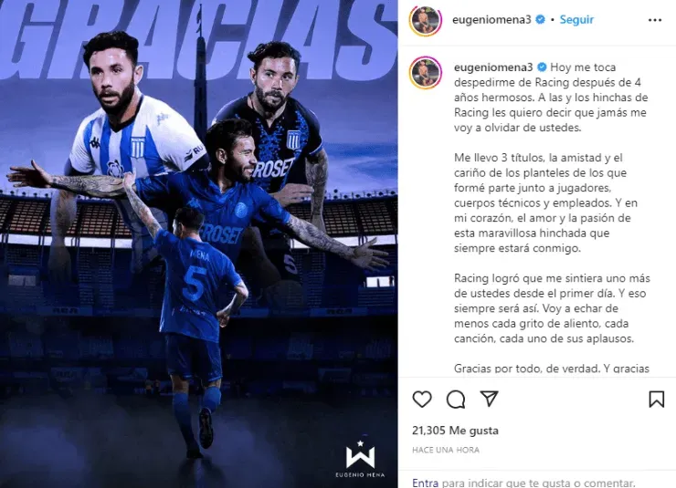 Eugenio Mena se despide de Racing