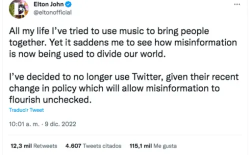 Elton John manda a volar a Twitter tras llegada de Musk.(Foto: Twitter)