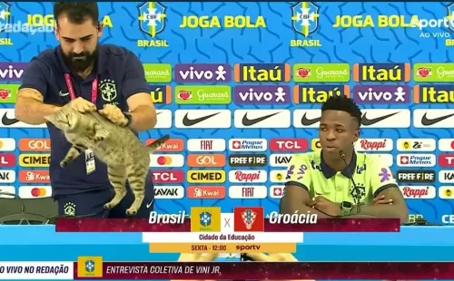 La escena del gato siendo retirado de la conferencia.