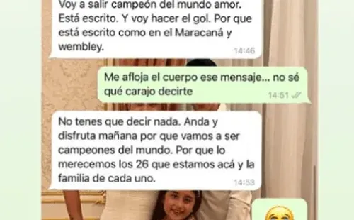 El pantallazo que compartió Jorgelina Cardoso: su conversación por WhatsApp con Ángel di María el sábado 17 de diciembre, el día antes de la final del Mundial de Qatar 2022. (Captura).