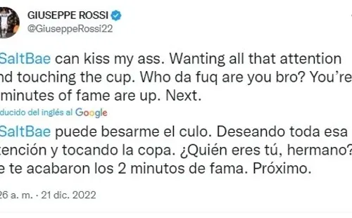 El mensaje de Giuseppe Rossi en su Twitter personal. | Foto: Captura.