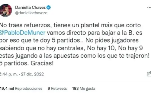 La publicación de Daniella Chavez en su Twitter personal. | Foto: Captura.