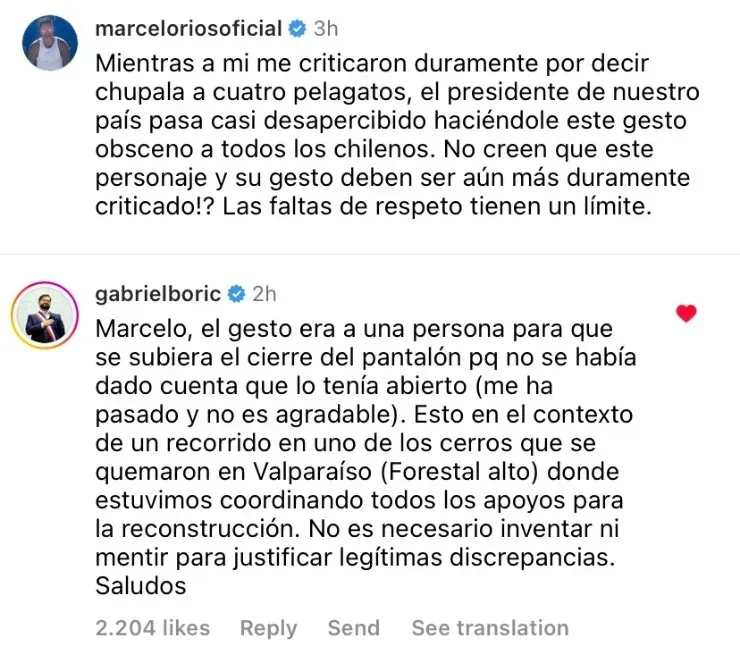 Gabriel Boric le contesta a Chino Ríos