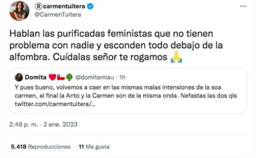 Audio que explica las críticas de Carmen Tuitera a Anto Larraín.(Foto: Twitter)