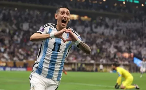 Ángel di María celebra el golazo que le marcó con Argentina en la final de Qatar 2022 a Francia. (Getty Images 2022).