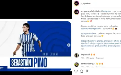 RC Sports Management anunció de este modo el fichaje de Sebastián Pino por el Deportivo Alavés de España. (Captura).