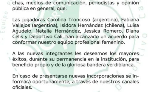 El comunicado de los nuevos fichajes verdes. | Twitter Deportivo Cali
