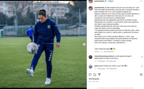 Así confirmó su adiós de la UdeC Paula Andrade este jueves. | Instagram paulandrade_17