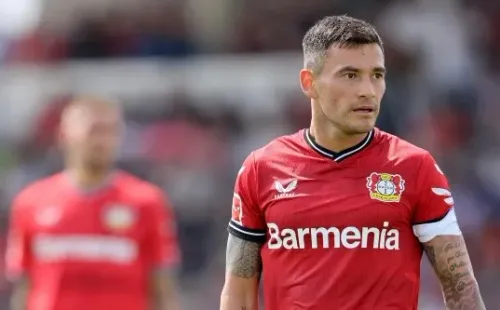 VELBERT, GERMANY - JULY 09: Charles Aranguiz of Leverkusen rreacts during the pre-season friendly match between Bayer 04 Leverkusen and MSV Duisburg at IMS Arena on July 09, 2022 in Velbert, Germany. (Photo by Christof Koepsel/Getty Images)-Not Released (NR)