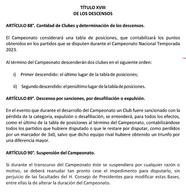 Las bases del Campeonato Nacional 2023 terminan con el apartado dedicado a los descensos