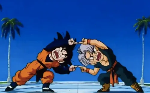 Goten y Trunks practican la fusión.