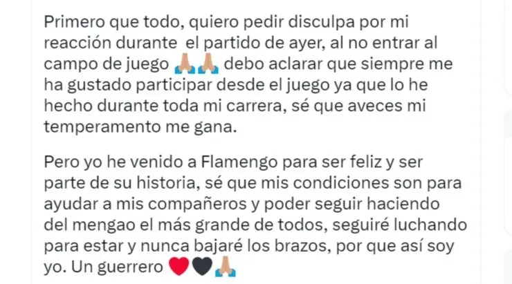 Arturo Vidal pidió disculpas por su actitud en el último partido de Flamengo