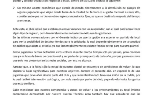 Comunicado del plantel de Deportes Temuco.