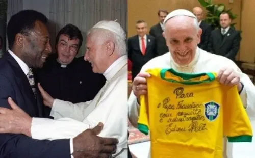 Pelé, en la primera foto junto a Benedicto XVI, le envió una camiseta firmada a Francisco.