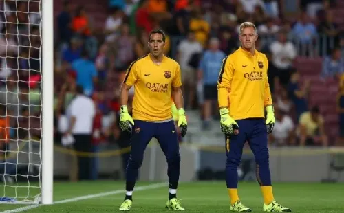 Claudio Bravo and Marc Andre Ter Stegen of FC Barcelona warm up ahead of the Spanish Supercup Final, 2nd leg, football match between and FC Barcelona and Athletic Club Bilbao on August 17, 2015 at the Camp Nou stadium in Barcelona, Spain .Photo: Manuel Blondeau/AOP.Press/Corbis-Not Released (NR)