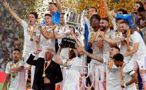 SEVILLE, SPAIN - MAY 06: Karim Benzema of Real Madrid lifts the Copa del Rey trophy after their side's victory in the Copa del Rey Final match between Real Madrid and CA Osasuna at Estadio de La Cartuja on May 06, 2023 in Seville, Spain. (Photo by Fran Santiago/Getty Images)-Not Released (NR)