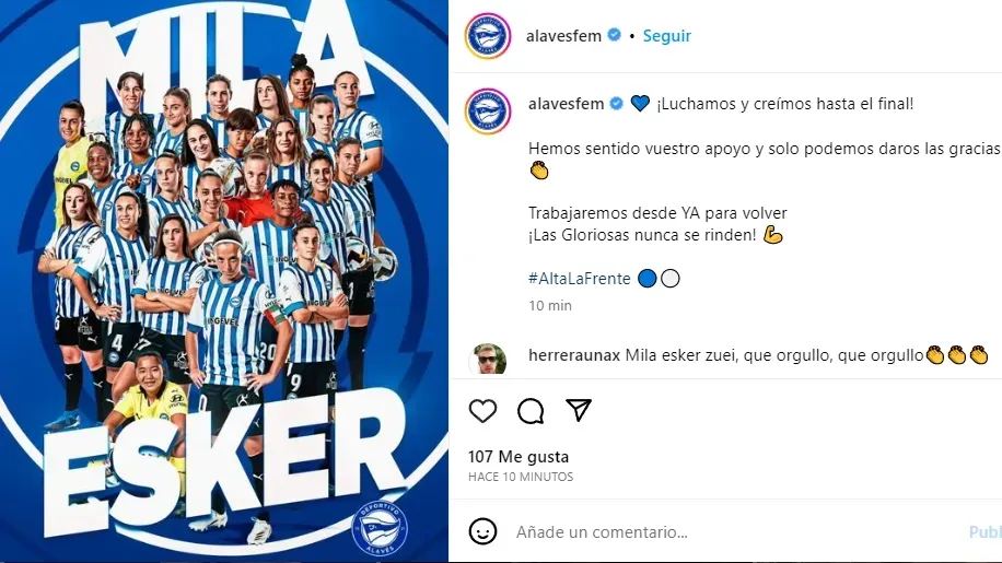 Publicación de Instagram del Deportivo Alavés tras el descenso | Foto: Instagram Alavesfem