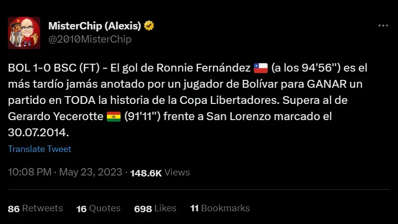El tuit de Mister Chip que da cuenta el hito histórico del gol que hizo Ronnie Fernández.