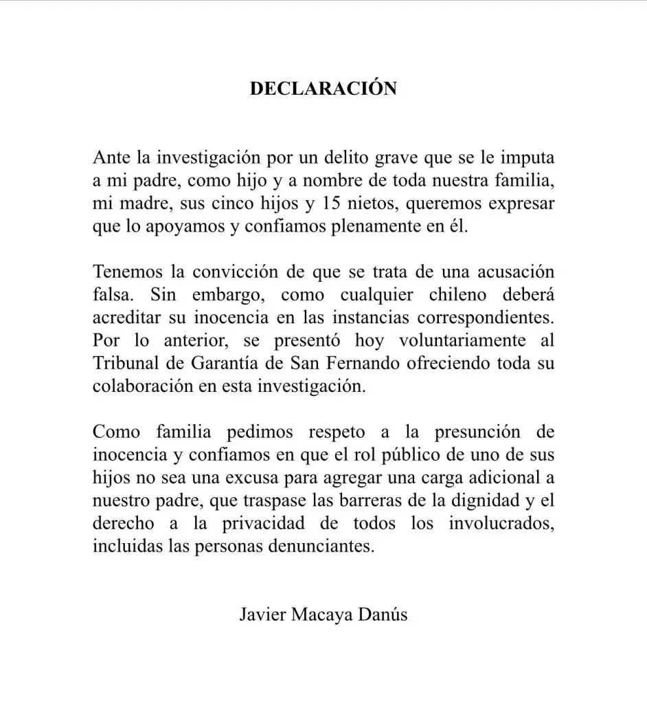 Declaración pública de Javier Macaya.