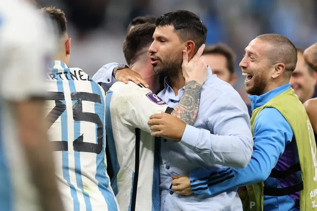 LUSAIL CITY, QATAR – DECEMBER 09: Former Argentine player Sergio Aguero congratulates Lionel Messi of Argentina after the team’s victory in the penalty shoot out  during the FIFA World Cup Qatar 2022 quarter final match between Netherlands and Argentina at Lusail Stadium on December 09, 2022 in Lusail City, Qatar. (Photo by Clive Brunskill/Getty Images)