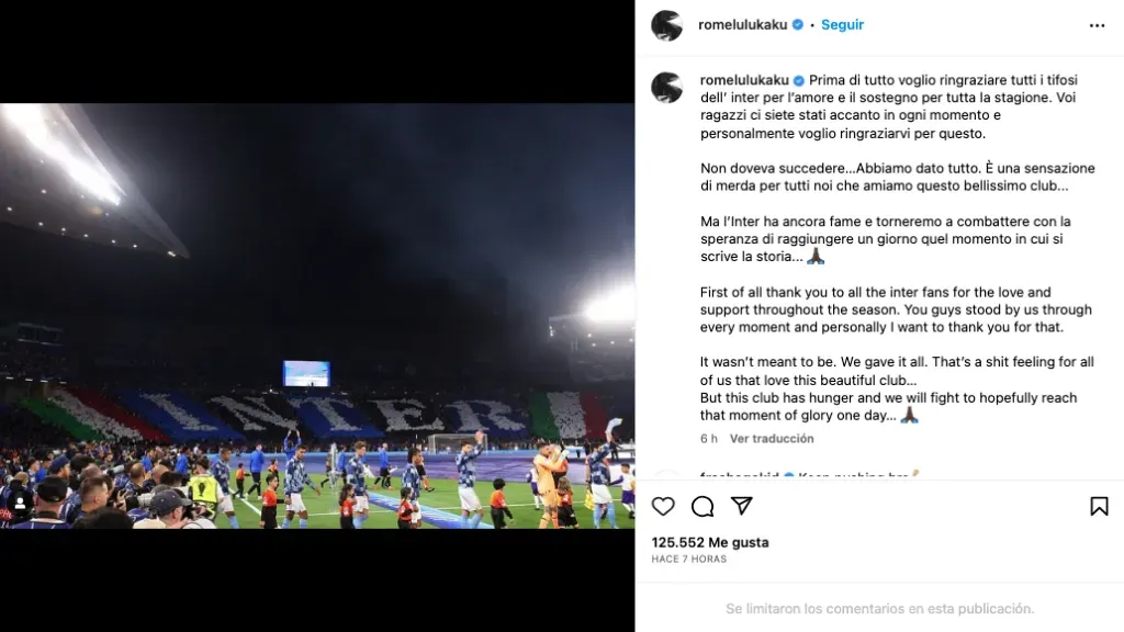 El mensaje de Romelu Lukaku al Inter de Milán tras la final de la Champions League. Foto: Instagram