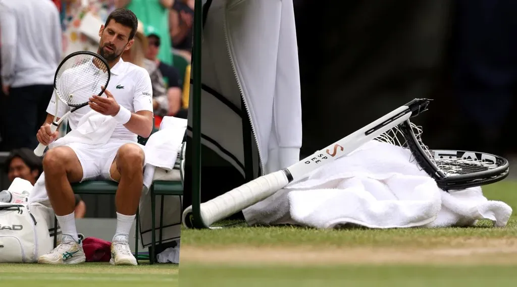 Djokovic reventó su raqueta contra el poste que sostiene la malla de Wimbledon. | Foto: Getty