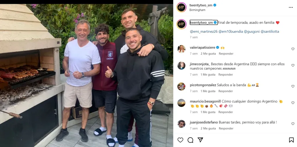 Gustavo Goñi en la parrilla junto a dos de sus representados: los argentinos Emiliano Buendía y Emiliano Martínez, ambos en el Aston Villa de la Premier League inglesa. (Captura Instagram).