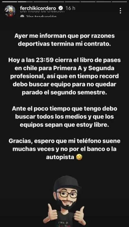 El aviso de Fernando Cordero buscando club en su Instagram. | Foto: Captura.