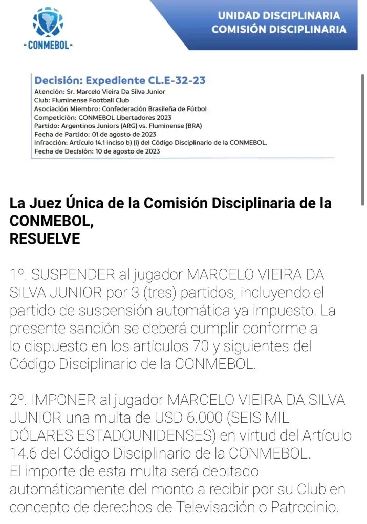 Comunicado oficial por el castigo a Marcelo (CONMEBOL)